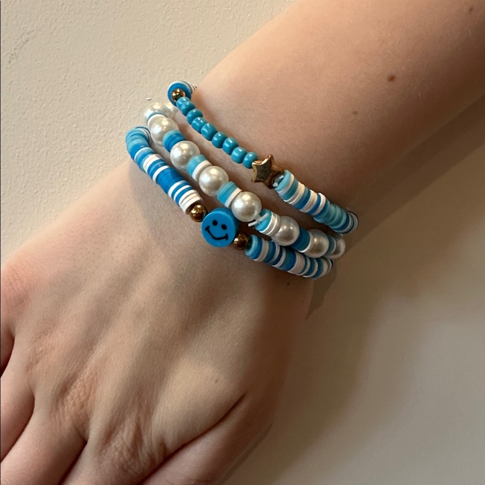 Blue & White Beaded Stretch Bracelet Set - Smiley & Star Accents